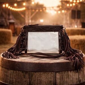 New Stadium Concert Bag Clear Adjustable Crossbody with Brown Leather Fringe